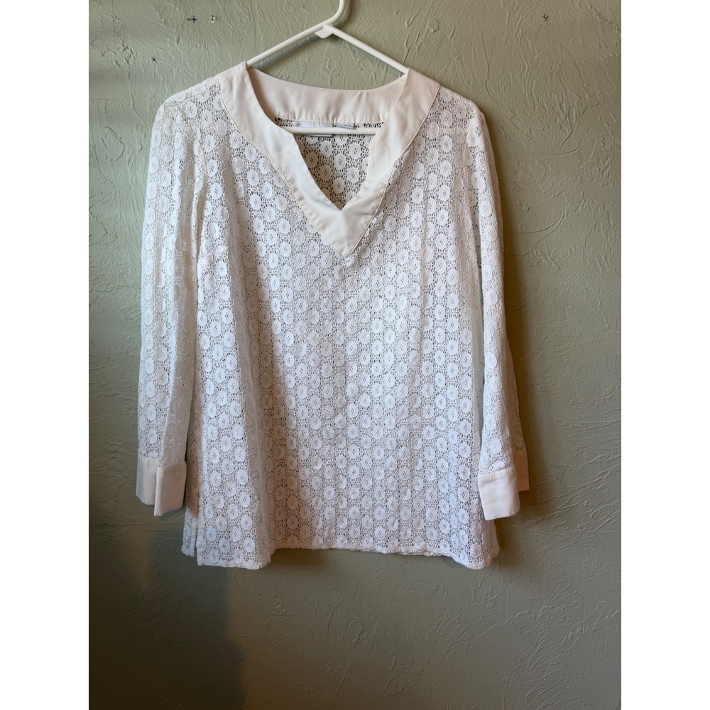 Liz‎ Claiborne White Lace V Neck Long Sleeve Tunic Top Women's Size L